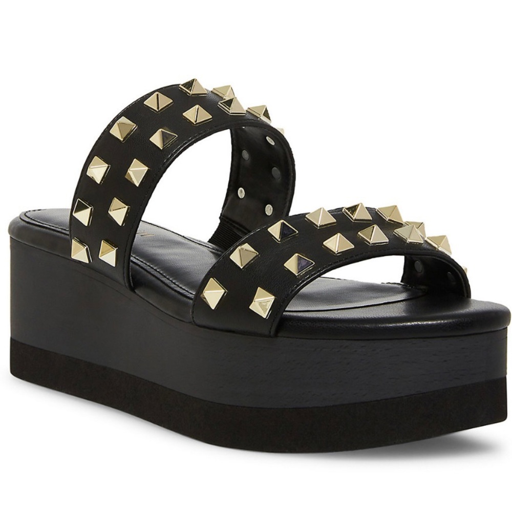 Madden Girl Black Platform Slide Sandals with Gold Studs